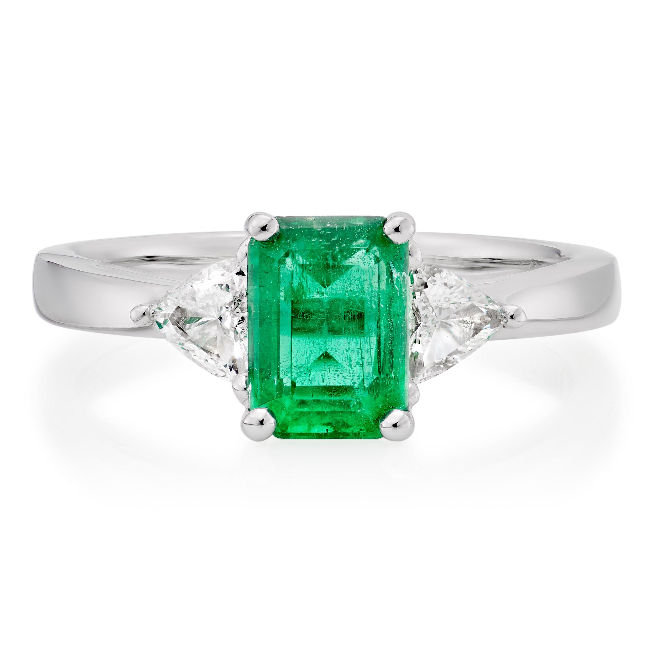 Loupe Spectrum Emerald Diamond Three Stone 18ct White Gold Ring