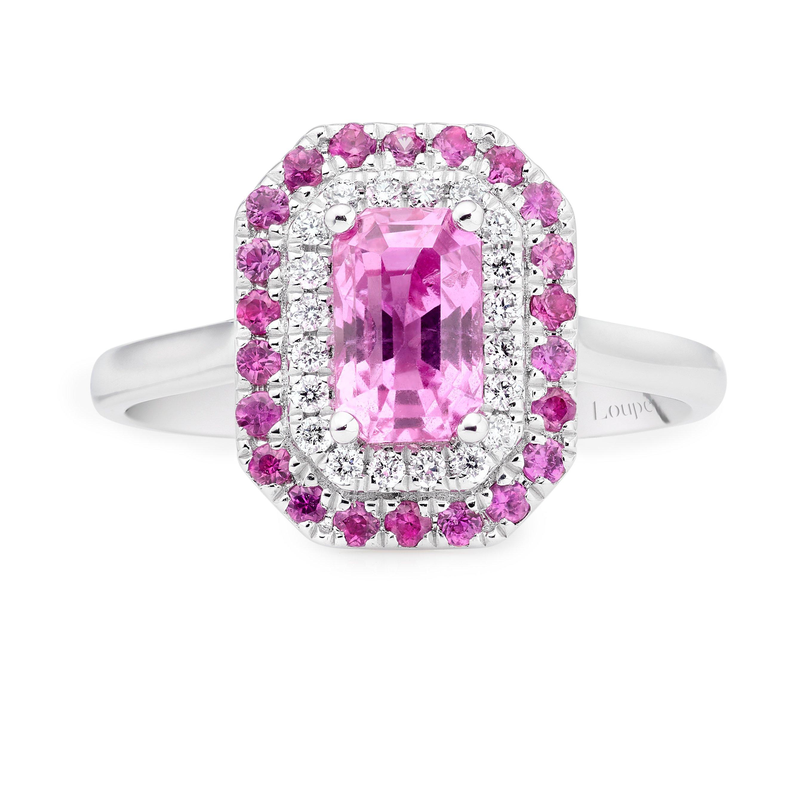 Loupe Iris Halo Pink Sapphire Diamond Ring in Platinum