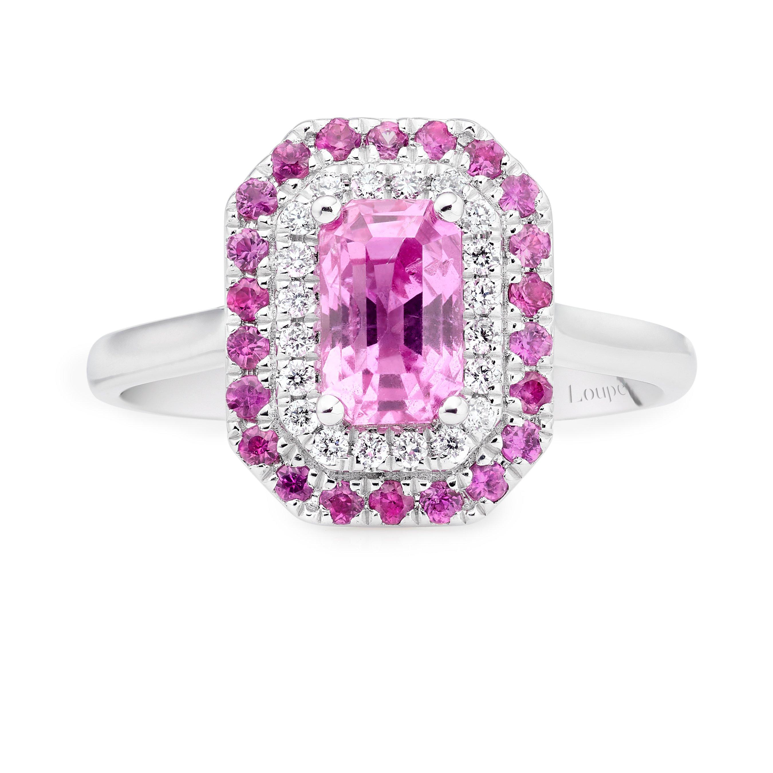 Iris Halo Pink Sapphire Diamond Ring in Platinum