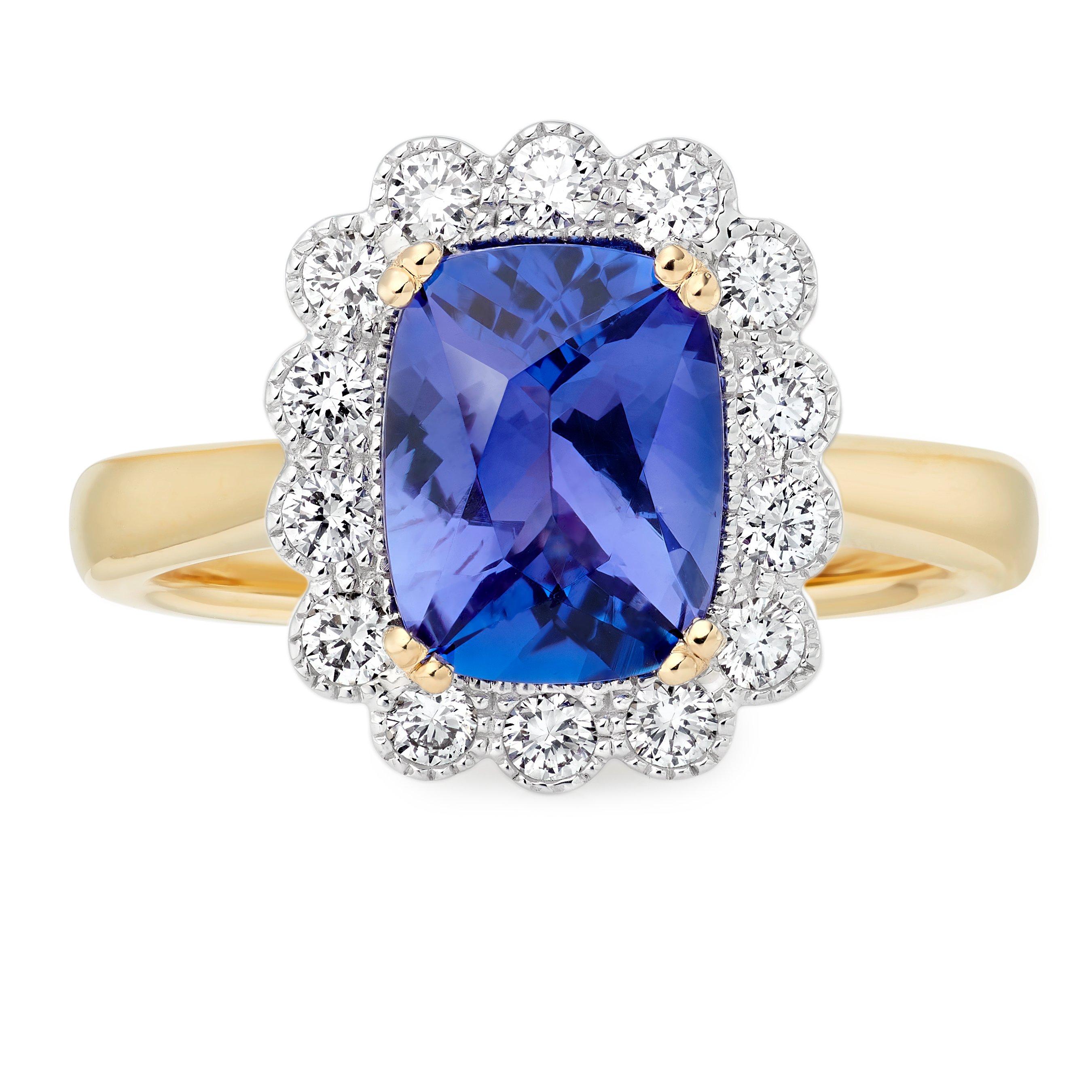 Spectrum Halo Tanzanite Diamond Ring in 18ct Yellow Gold