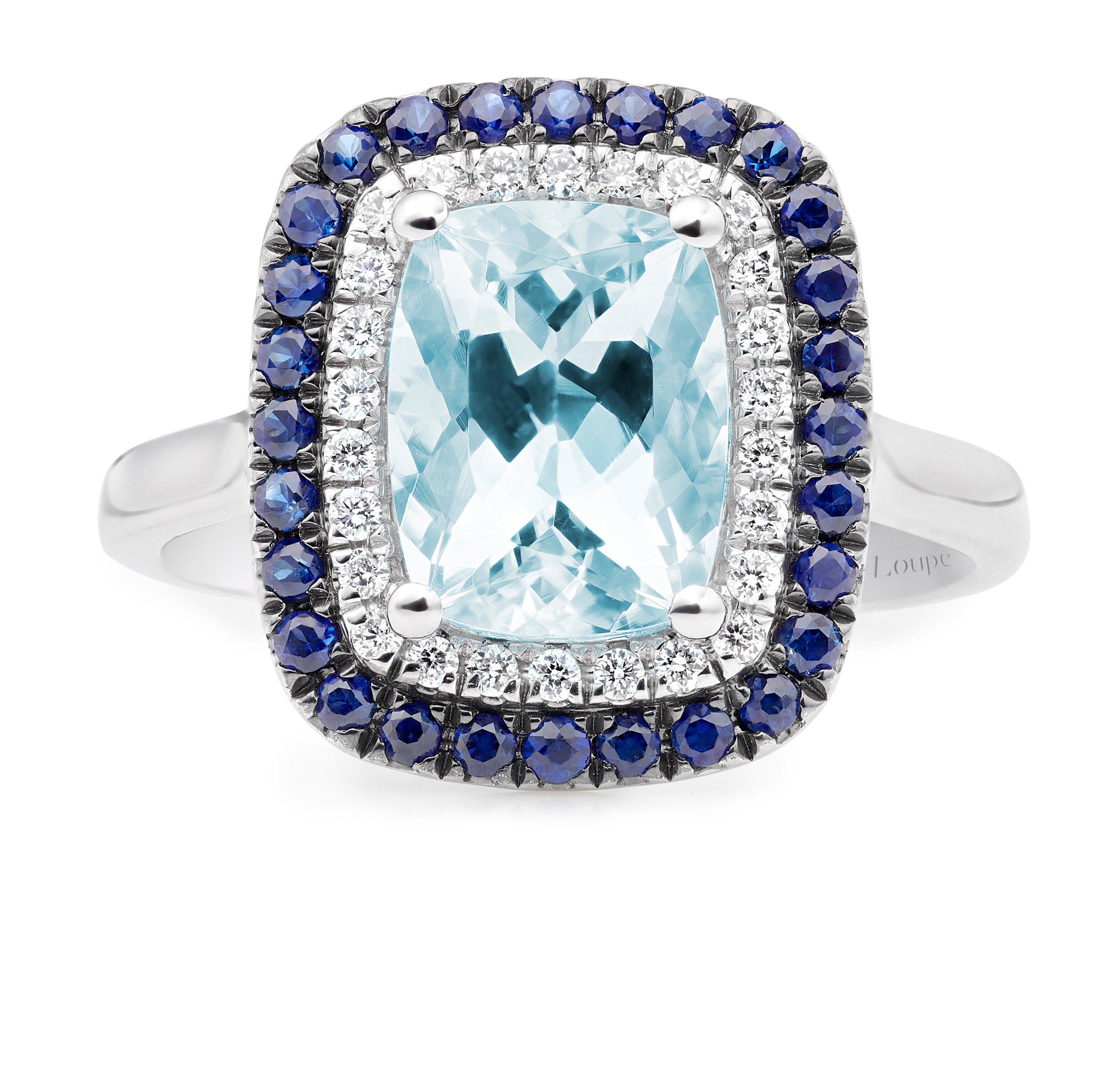 Loupe Iris Halo Aquamarine and Sapphire Diamond Ring in Platinum