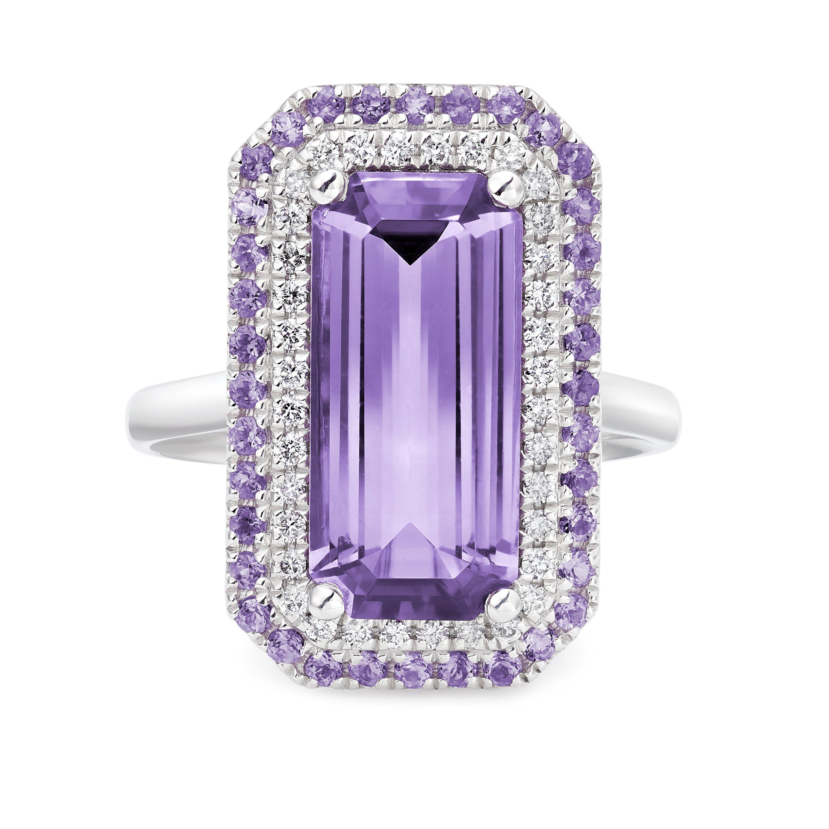 Loupe Iris Halo Amethyst Diamond Ring in Platinum