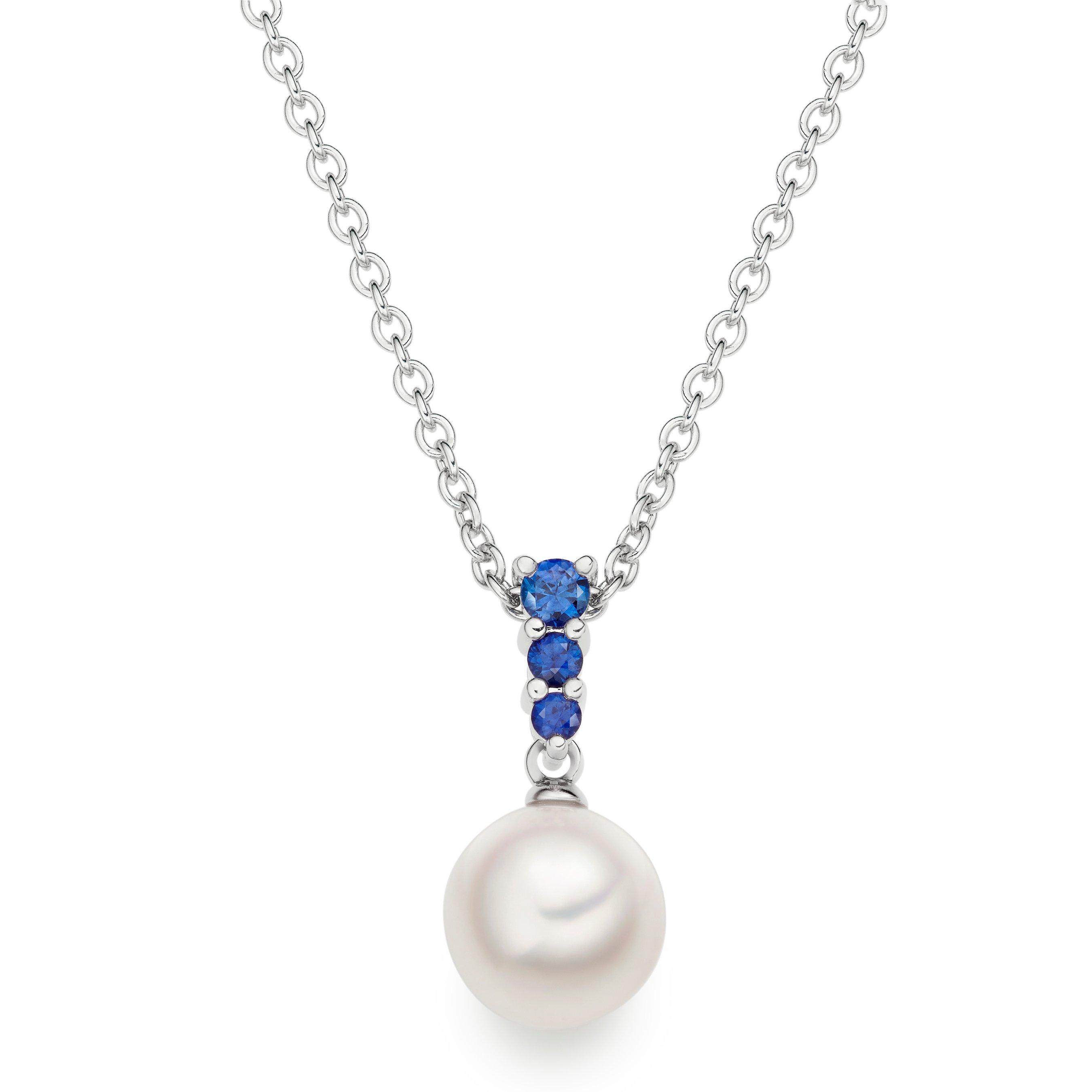 Mikimoto Morning Dew Pearl and Sapphire Pendant in 18ct White Gold