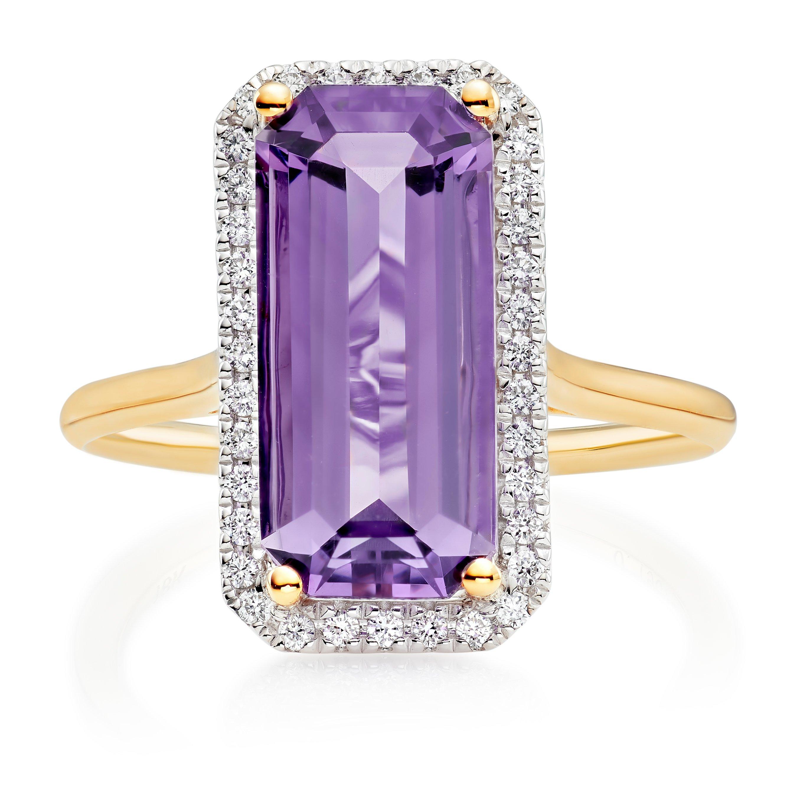 Loupe Iris Halo Amethyst Diamond Ring in 18ct Yellow Gold