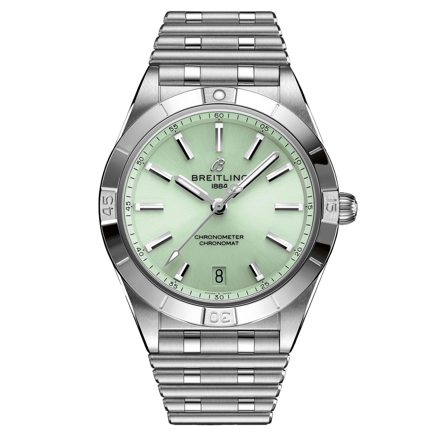Breitling Chronomat Automatic 36 Green Dial Silver Steel Strap Watch for Women - A10380101L1A1