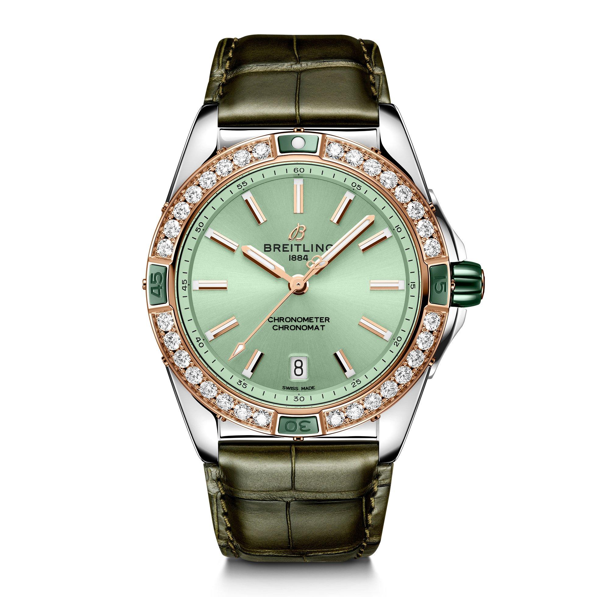 Breitling Super Chronomat Automatic 38 Stainless Steel Diamond Watch 38 mm Green Dial U17356531L1P1 Loupe