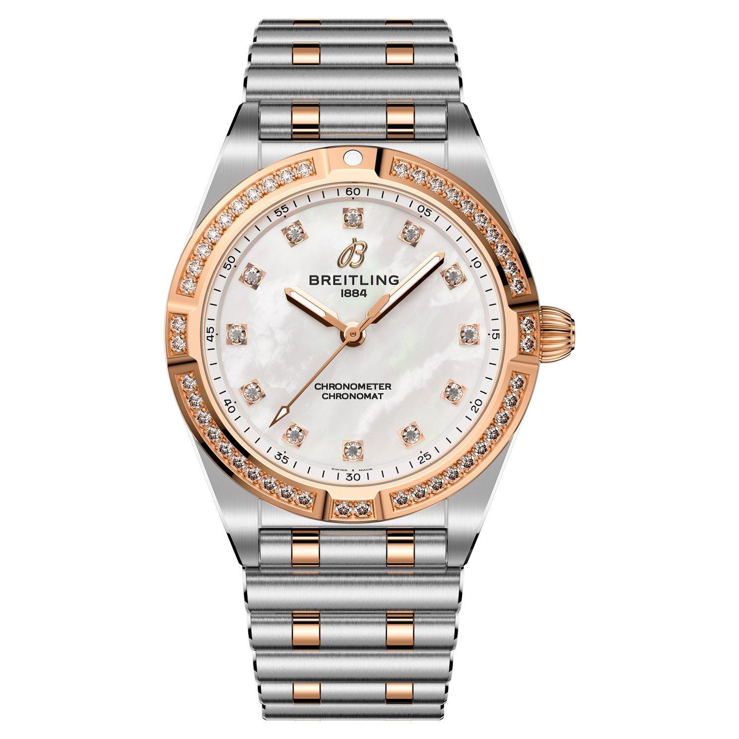 Breitling Chronomat 28mm Stainless Steel and 18ct Rose Gold Mother of Pearl Ladies Watch